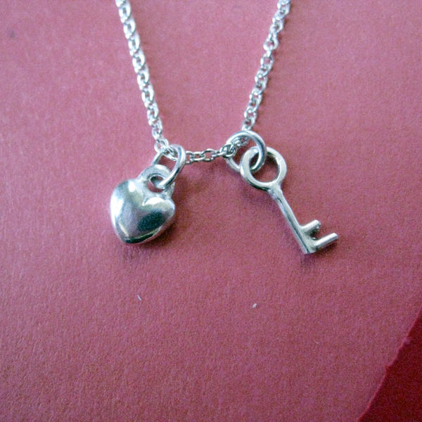 Tiny Sterling Silver Heart Key Charm Necklace  flyingtutu,jewelry,handmade  jewelry,sterling silver