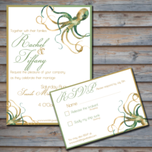 Tan & Green Watercolor Octopus Wedding Invitation and RSVP card