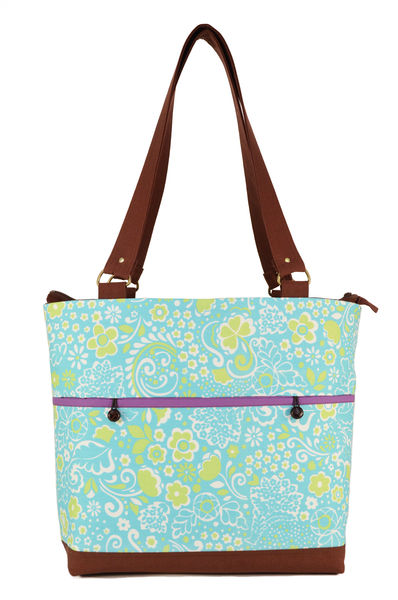 Large Canvas Zippered Tote - Teal Green Floral - Purple Lining - Liz ...