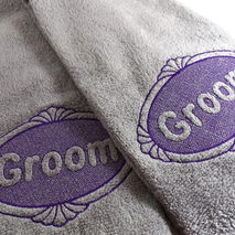 Two  Grooms gay wedding embossed hand towels. Embroidered high q