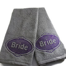 Two Brides Wedding Embossed Hand Towels. Embroidered Wedding Gif