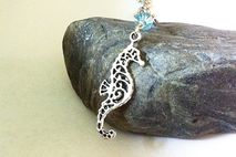 silver swirly seahorse necklace, nautical jewelry, blue