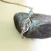 silver swirly seahorse necklace, nautical jewelry, blue