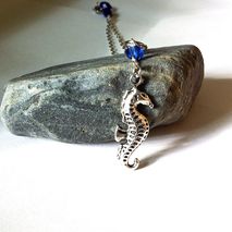 Silver seahorse necklace with blue crystals, seahorse pendant