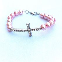 Pink pearl sideways cross bracelet, stacking bracelet