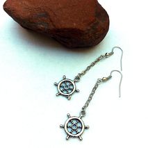 Captians wheel earrings, long chain earrings, nautical