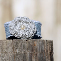 Denim Wrist Cuff With Silver Crocheted Rose - Bracelet - Jewelry