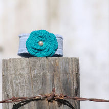 Denim Wrist Cuff With Turquoise Crocheted Rose - Bracelet - Cors