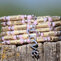 French Language Paper Bead Bracelet in Pink - Stacking Wrap Brac