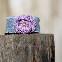 Upcycled Denim Wrist Cuff With Lavender Crocheted Rose