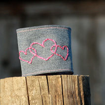 Hand Embroidered Hearts on Upcycled Denim Wrist Cuff