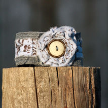 Denim and Menswear Upcycled Wrist Cuff with Shabby Flower