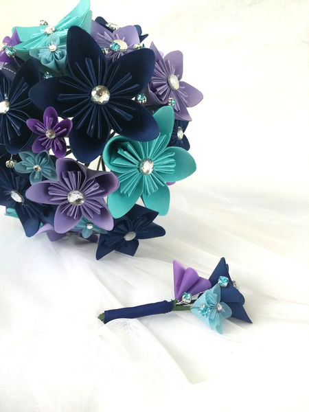 Blue/ Aqua, Black and White Mixed Paper Flower Bouquet, Origami