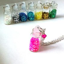 glitter filled mini glass vial necklace, pink necklace, glitter
