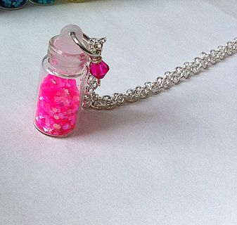 glitter filled mini glass vial necklace, pink necklace, glitter