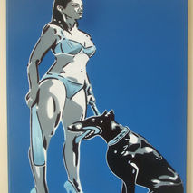 painting of woman and dog stencil & spraypaints,baseball,doberma