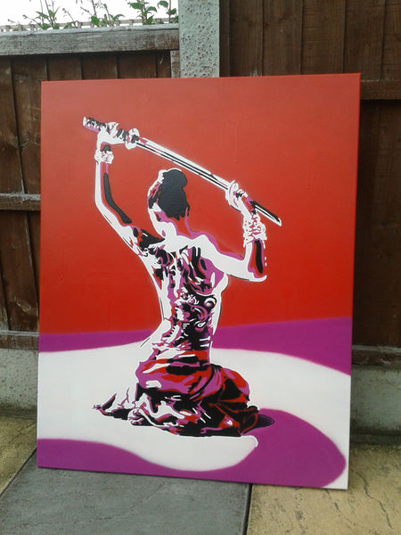 Painting Ofjapanese Nude Geisha With Samurai Sword Stencil Art U Abstract Graffiti Pinklion