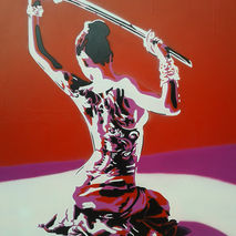 Painting ofJapanese nude Geisha with samurai sword,stencil art,u