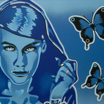 painting of hooded woman with butterfly tattoos,stencils & spray