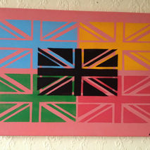 painting of union jack flags i multi colours on small canvas,ste