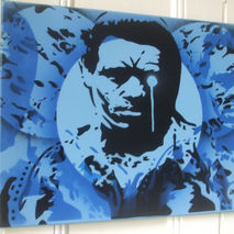 painting of comic book man,camo man,stencils & spraypaints on ca