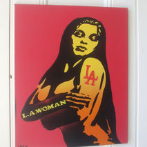 painting of l.a.woman on red canvas,stencil art & spraypaints,60