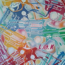 pop art painting of pop guns,stencil art, spray paints,colors,ab