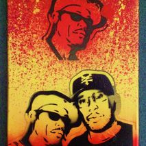 painting of guru and premier from gangstarr,stencil art,spray pa