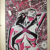 tera patrick painting in pink,black and white,stencil art,sprayp