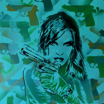 painting of woman with gun on 20 by 20 inch canvas,stencil & spr