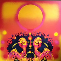 large painting of afro woman with sun behind,everybody loves the