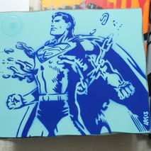 paintings of superman on wood,stencils & spraypaints,pink,red,bl