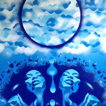 painting of afro women in blues,high in the sky,stencils & spray