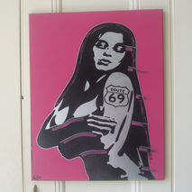 FOR SALE painting,route 69,silver woman ,stencil on canvas,spray