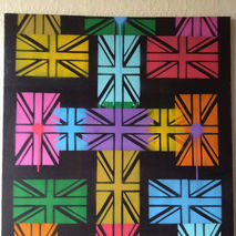 painting of cross made with union jack flag in bright colors,ste