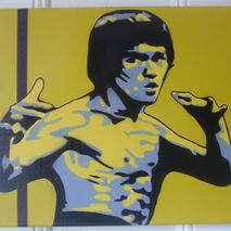 bruce v kill bill,painting on canvas,stencils,spray paints,yello