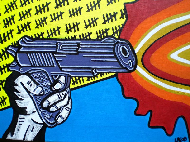 pop art painting,gun,acrylic on canvas,warhol,flames,hand painte ...