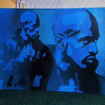 painting on paper of rakim by day,stencil art,graffiti art,hip h