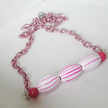 Pink and white striped wooden beaded necklace, bar necklace