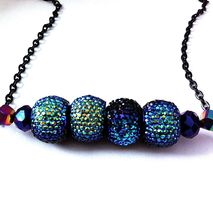 Black and peacock blue pavè beaded bar necklace, bar necklace