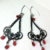 Pink and black filigree hearts chandelier earrings