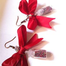 Red bows with confetti filled glass vial earrings, vial jewelry