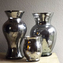 Group of Three Large Mercury Glass Vases - Tall Mirrored Vases -