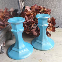 Pair of Aqua Turquoise Candlestick Holders with Gold Shimmer - T