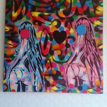 manga inspired painting on large canvas,stencils,posca,spraypain