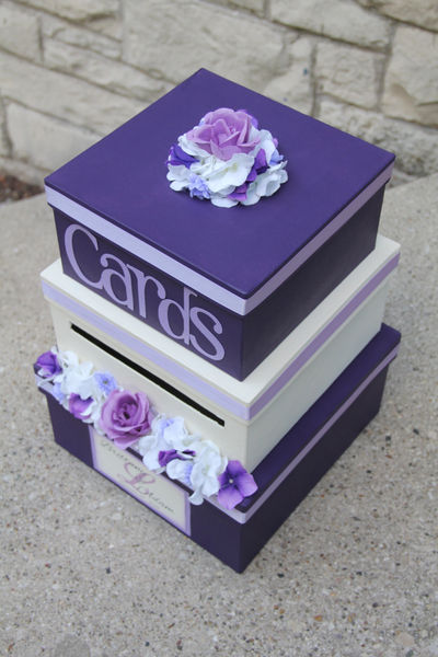 Custom Wedding Card Box 3 Tier Square Purple and Ivory