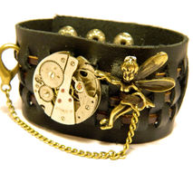 Black and brown real leather steampunk bracelet "Fairy of the ex