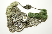 Green and gray fabric flowers, patina silver colored steampunk c