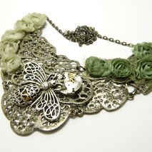 Green and gray fabric flowers, patina silver colored steampunk c