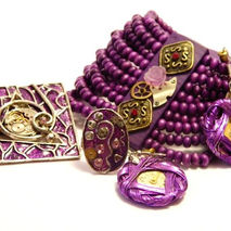 Radiant Orchid Steampunk necklace, earrings, ring and wood brace